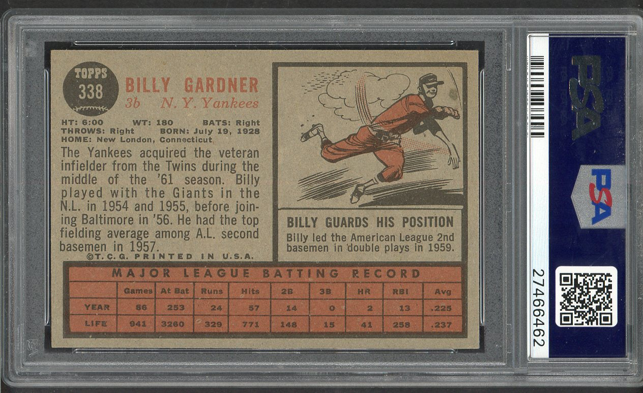 1962 Topps Baseball #338 Billy Gardner Yankees PSA 7 NM 564730