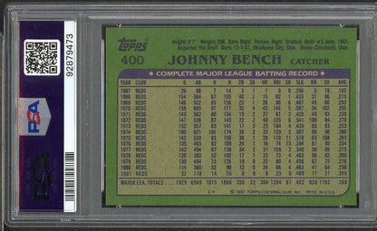 1982 Topps #400 Johnny Bench Reds PSA 8 NM/MT 564733