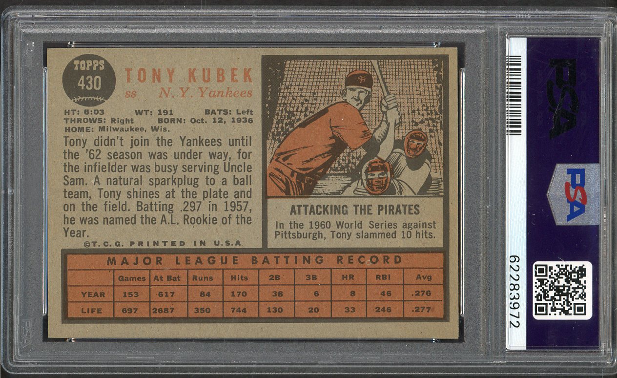 1962 Topps Baseball #430 Tony Kubek Yankees PSA 6 EX-MT 564757