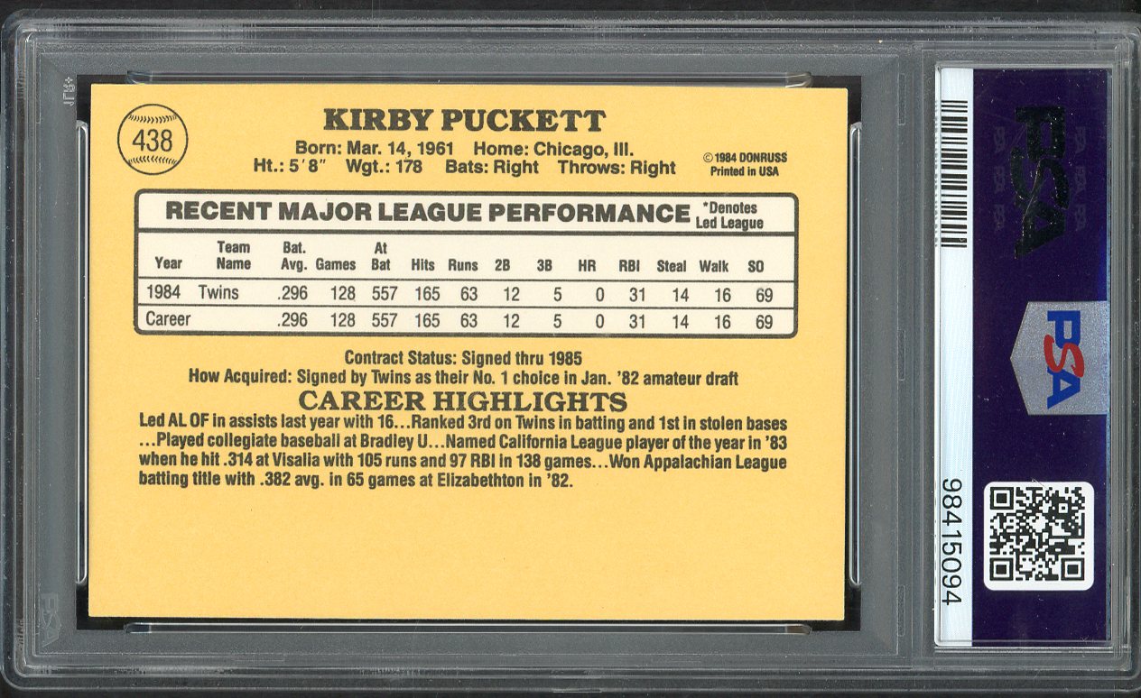 1985 Donruss #438 Kirby Puckett Twins PSA 9 MINT 564773