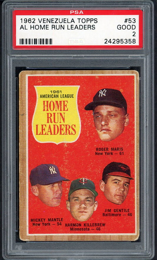 1962 Topps Venezuelan #053 A.L. Home Run Leaders Mickey Mantle PSA 2 GD 564785