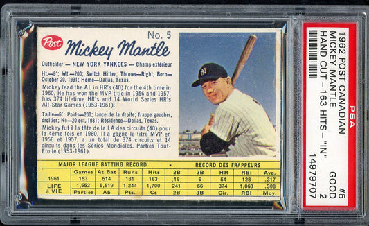 1962 Post Canadian #005 Mickey Mantle Yankees PSA 2 GD 163 Hits 564790