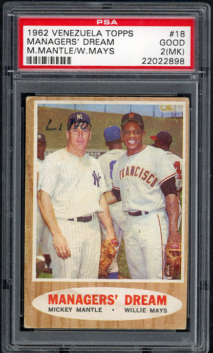 1962 Topps Venezuelan #018 Mickey Mantle Willie Mays PSA 2 GD mk 564792