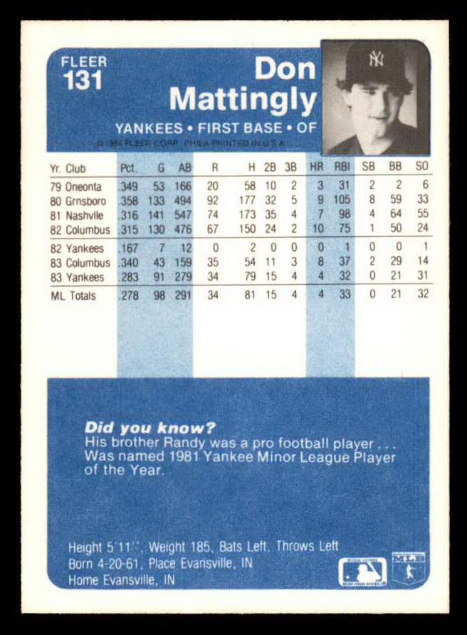 1984 Fleer #131 Don Mattingly Yankees EX-MT 564870