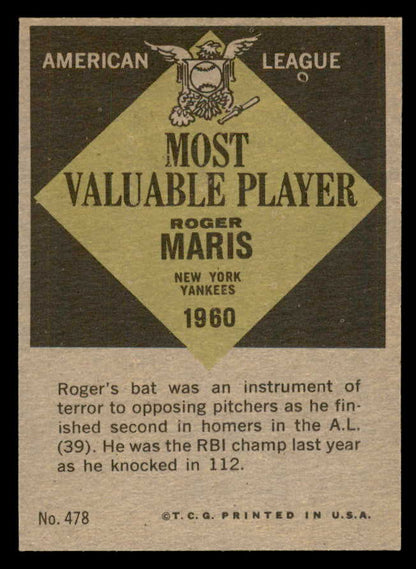 1961 Topps Baseball #478 Roger Maris MVP Yankees EX-MT 564876