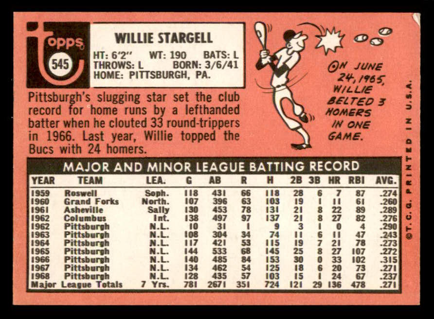 1969 Topps Baseball #545 Willie Stargell Pirates NR-MT 564885