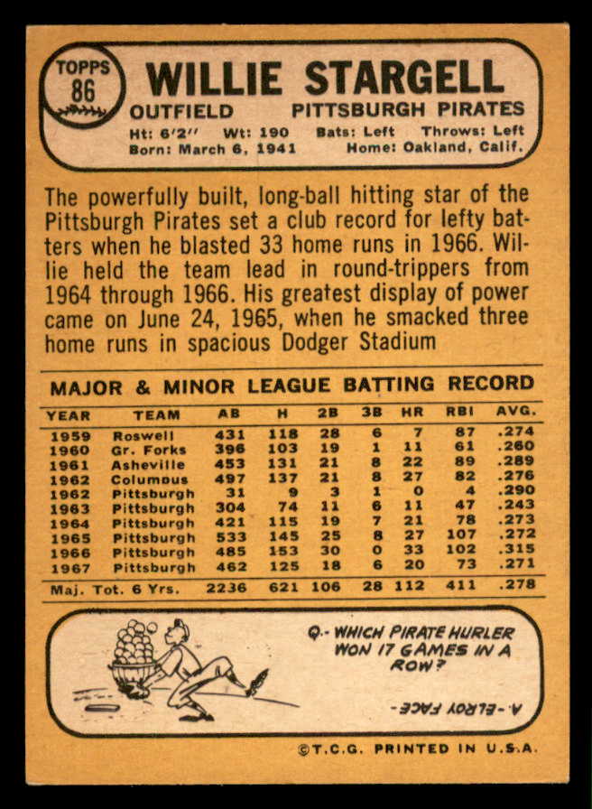 1968 Topps Baseball # 86 Willie Stargell Pirates EX-MT 564889