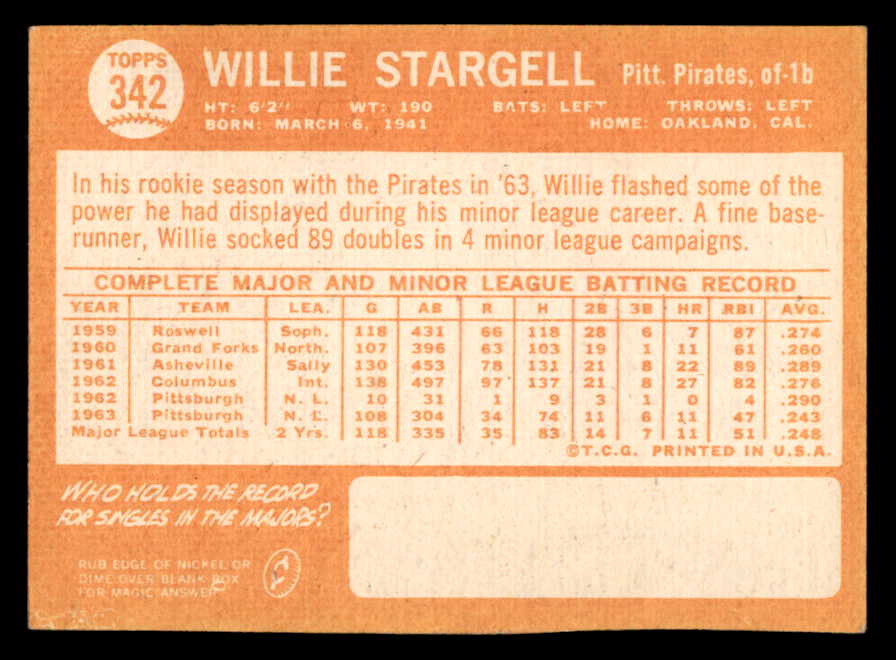 1964 Topps Baseball #342 Willie Stargell Pirates NR-MT 564899