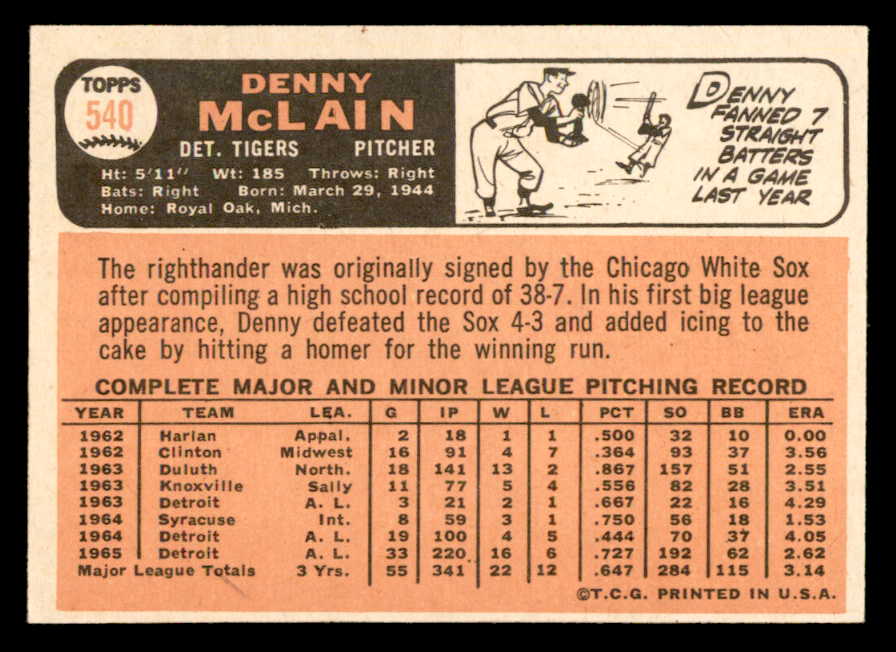 1966 Topps Baseball #540 Denny McLain Tigers EX 564916
