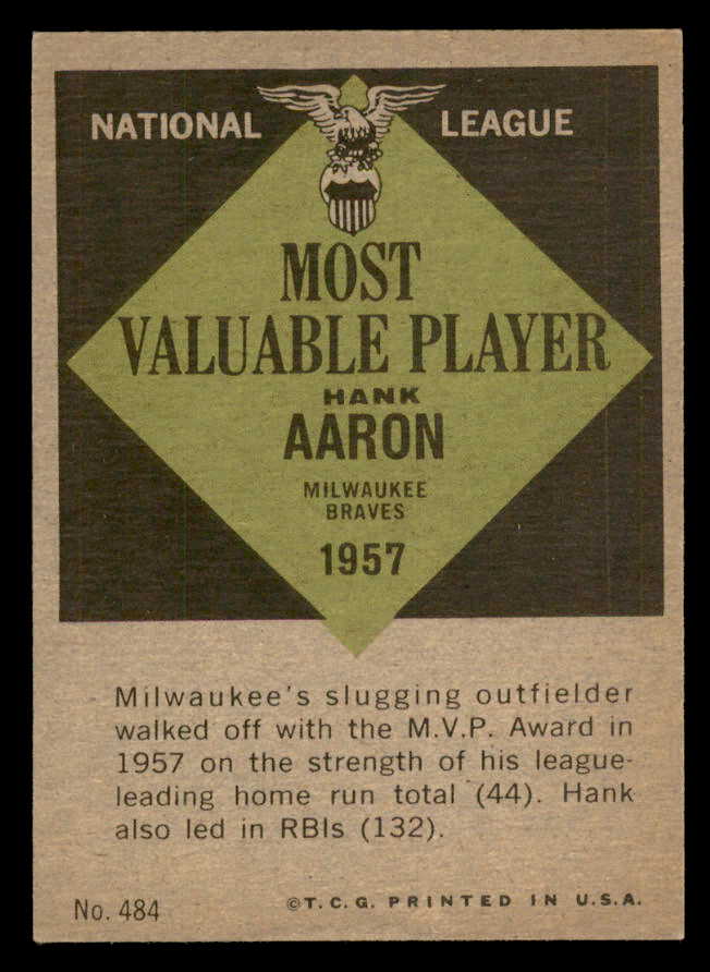 1961 Topps Baseball #484 Hank Aaron MVP Braves NR-MT 564922