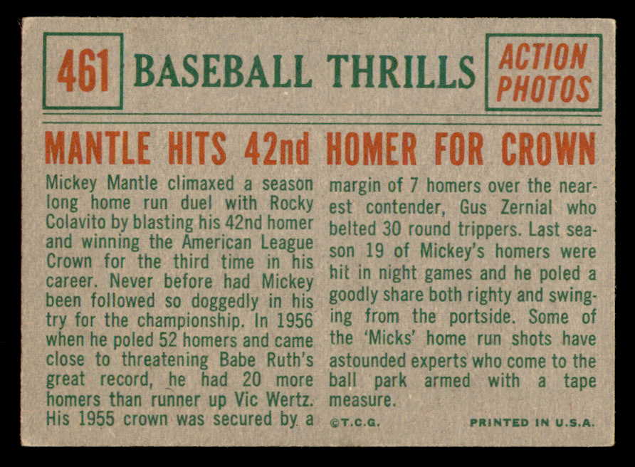 1959 Topps Baseball #461 Mickey Mantle IA Yankees EX 564925
