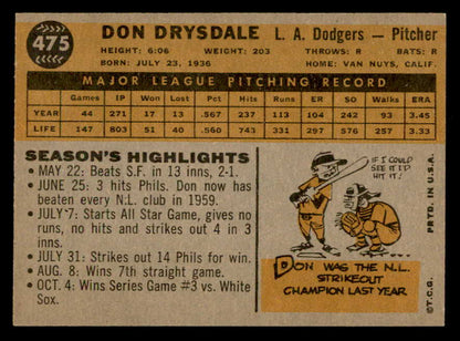 1960 Topps Baseball #475 Don Drysdale Dodgers EX-MT 564933