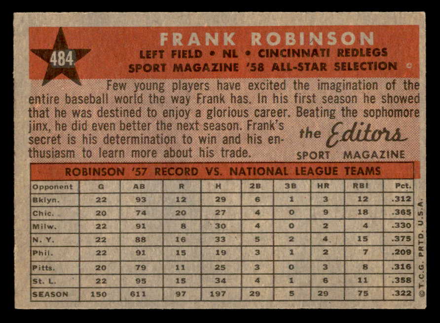 1958 Topps Baseball #484 Frank Robinson A.S. Reds EX-MT 564945