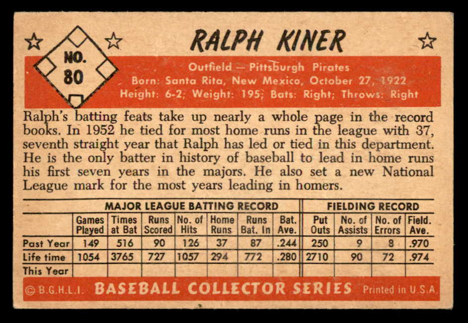 1953 Bowman Color Baseball # 80 Ralph Kiner Pirates VG-EX 564950