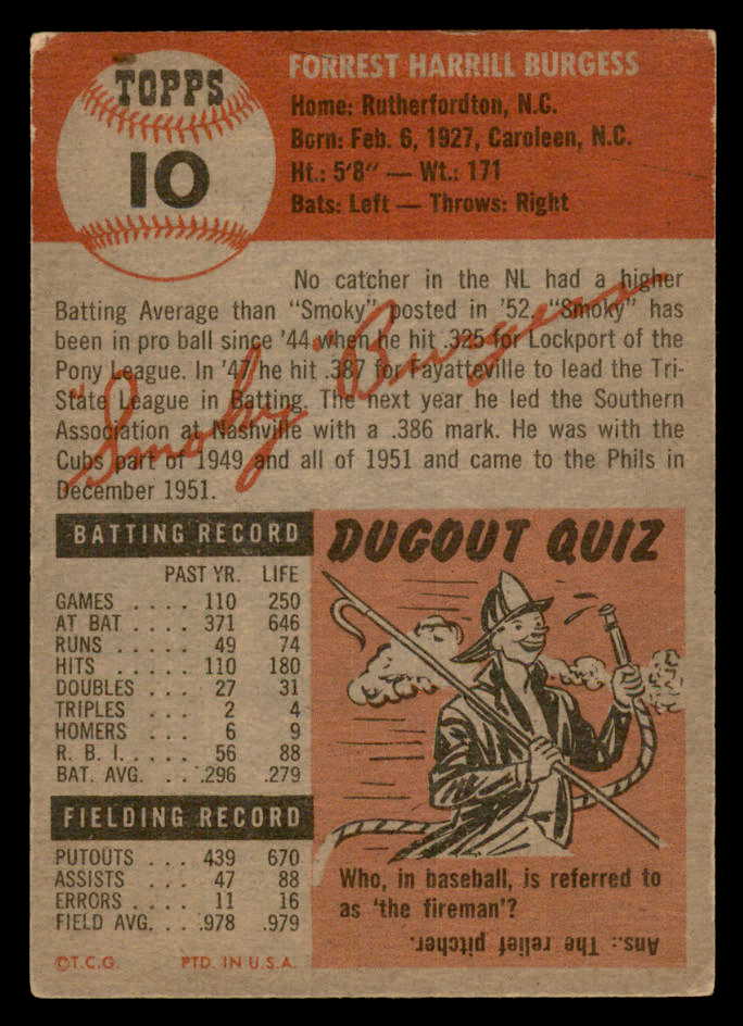 1953 Topps Baseball # 10 Smoky Burgess Phillies VG-EX 564953