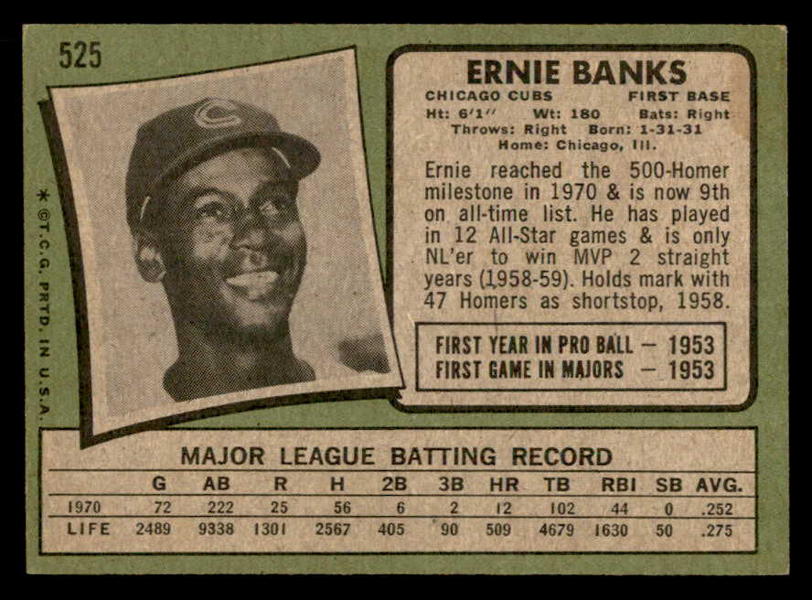 1971 Topps Baseball #525 Ernie Banks Cubs EX-MT 564956