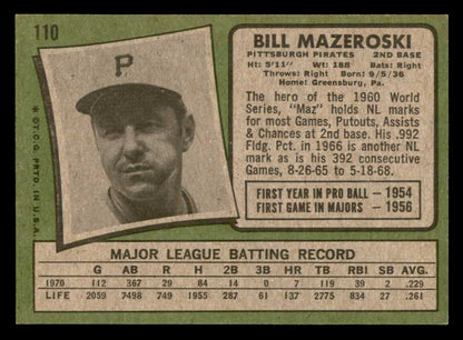 1971 Topps Baseball #110 Bill Mazeroski Pirates EX-MT 564963