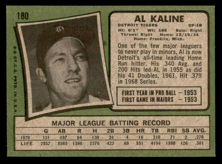 1971 Topps Baseball #180 Al Kaline Tigers EX-MT 564964