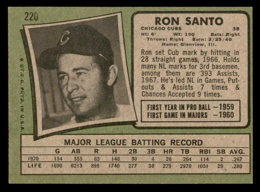 1971 Topps Baseball #220 Ron Santo Cubs EX 564966