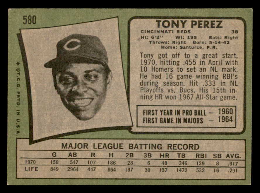 1971 Topps Baseball #580 Tony Perez Reds EX 564967