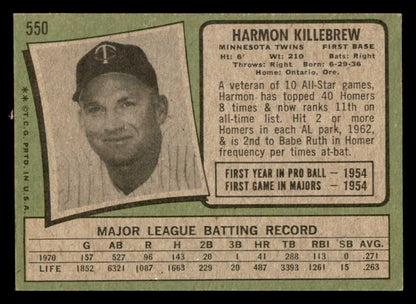 1971 Topps Baseball #550 Harmon Killebrew Twins EX+/EX-MT 564968