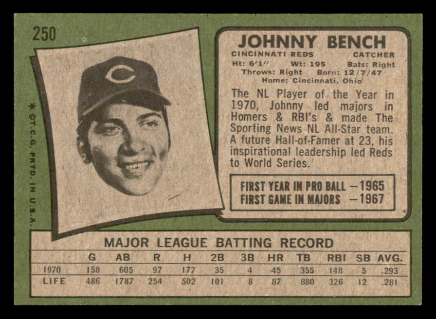 1971 Topps Baseball #250 Johnny Bench Reds EX-MT 564971