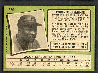1971 Topps Baseball #630 Roberto Clemente Pirates EX 564975