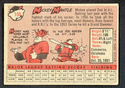 1958 Topps Baseball #150 Mickey Mantle Yankees EX 564984