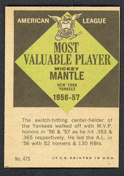 1961 Topps Baseball #475 Mickey Mantle MVP Yankees NR-MT 564985