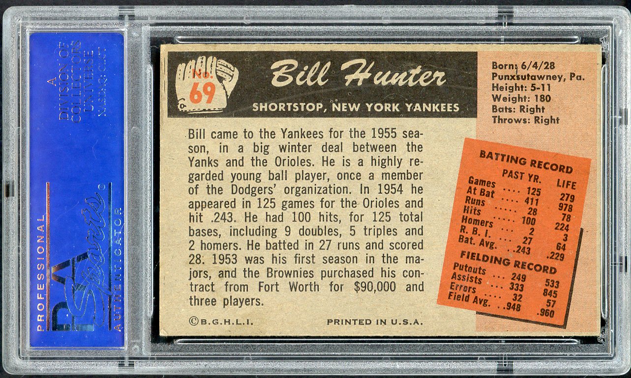 1955 Bowman Baseball # 69 Bill Hunter Yankees PSA 6 EX-MT 564989