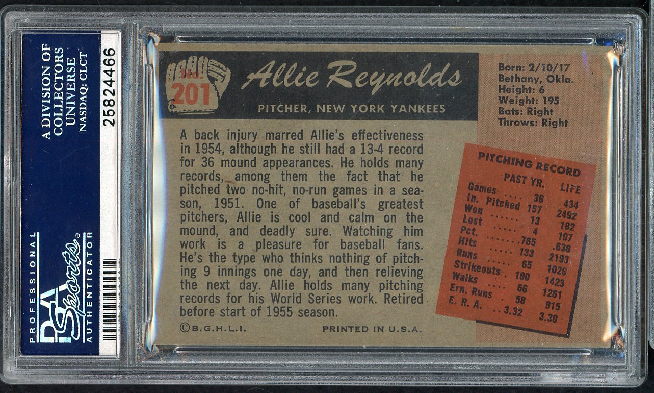 1955 Bowman Baseball #201 Allie Reynolds Yankees PSA 7 NM 564998