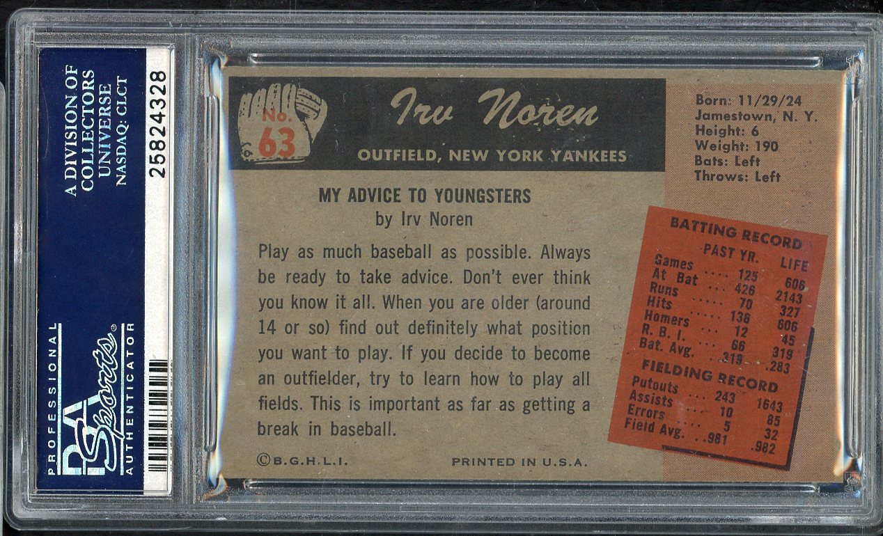 1955 Bowman Baseball # 63 Irv Noren Yankees PSA 7 NM 565003