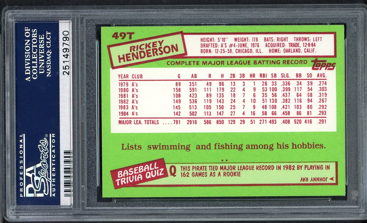 1985 Topps Traded # 49T Rickey Henderson Yankees PSA 10 GEM MINT 565012