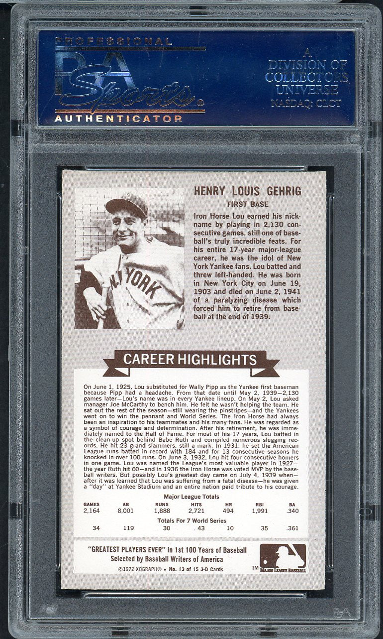 1972 Kelloggs ATG # 13 Lou Gehrig Yankees PSA 9 MINT 565030