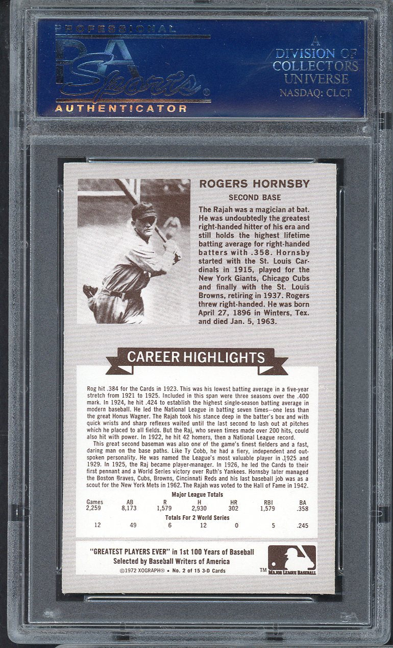1972 Kelloggs ATG #  2 Rogers Hornsby Cardinals PSA 9 MINT 565031