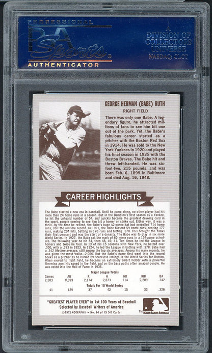 1972 Kelloggs ATG # 14 Babe Ruth Yankees PSA 9 MINT 565037
