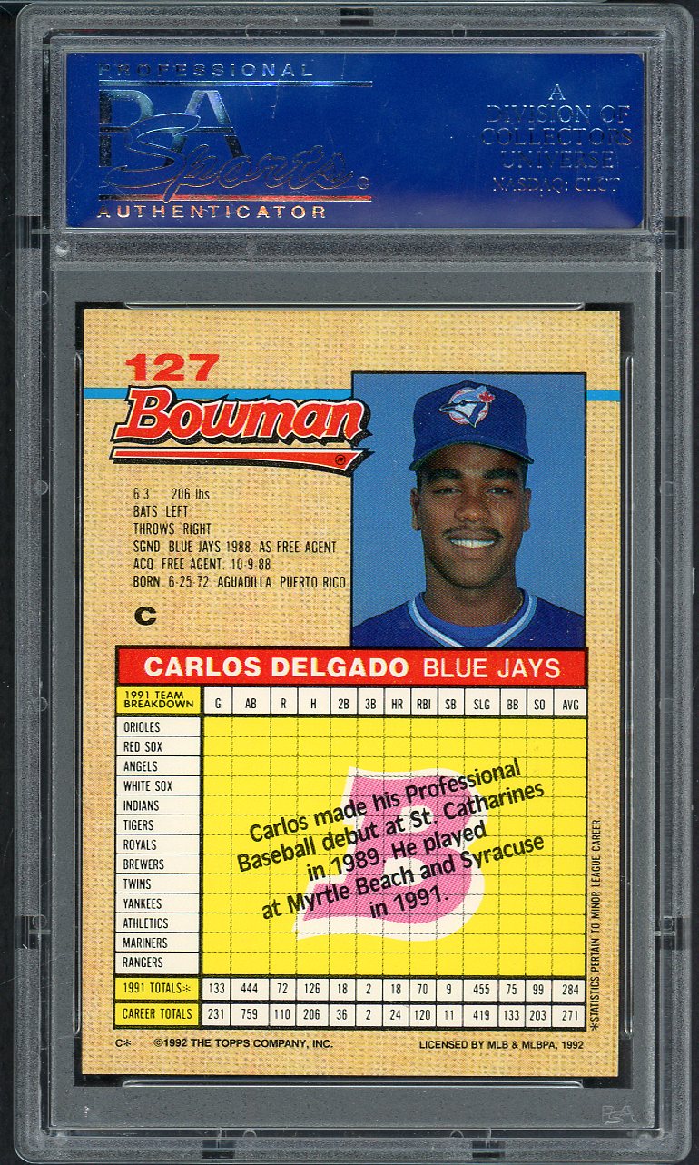 1992 Bowman #127 Carlos Delgado Blue Jays PSA 9 MINT 565050