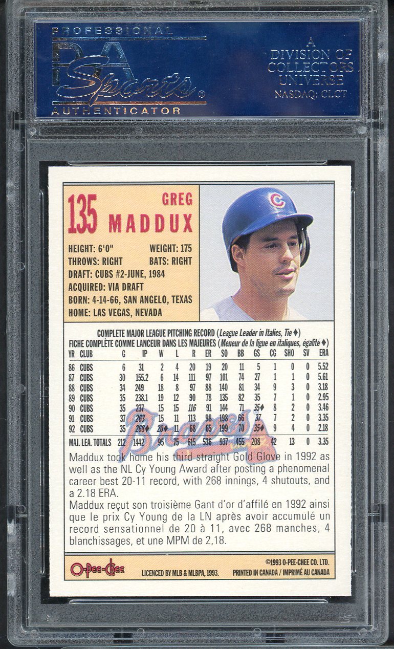 1993 O Pee Chee #135 Greg Maddux Braves PSA 10 GEM MINT 565052