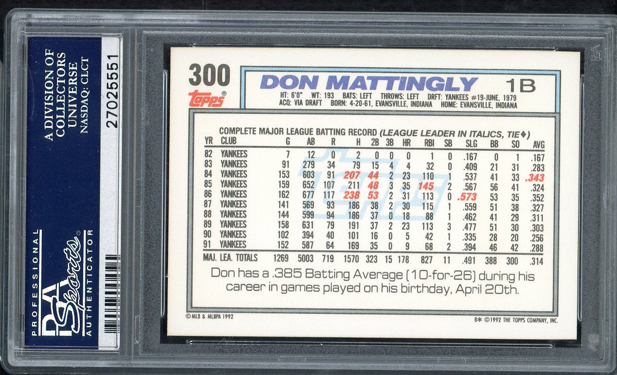 1992 Topps #300 Don Mattingly Yankees PSA 10 GEM MINT 565059