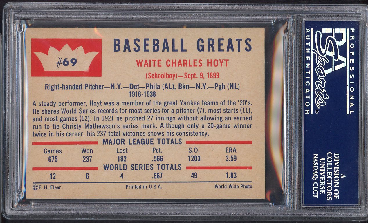 1960 Fleer Baseball # 69 Waite Hoyt Tigers PSA 8 NM/MT 565067