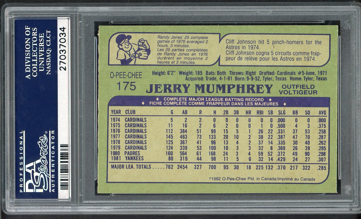 1982 O Pee Chee #175 Jerry Mumphrey Yankees PSA 10 GEM MINT 565068