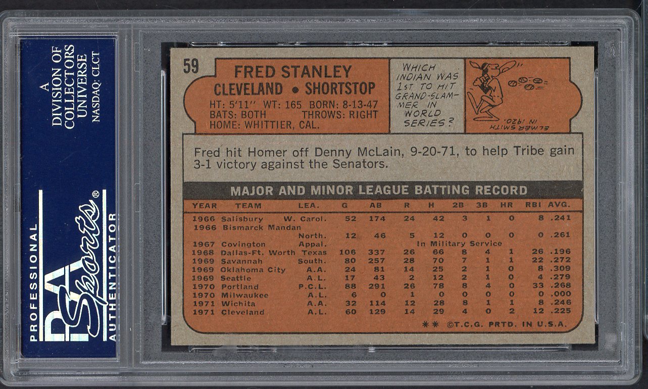 1972 Topps Baseball # 59 Fred Stanley Indians PSA 8 NM/MT 565070