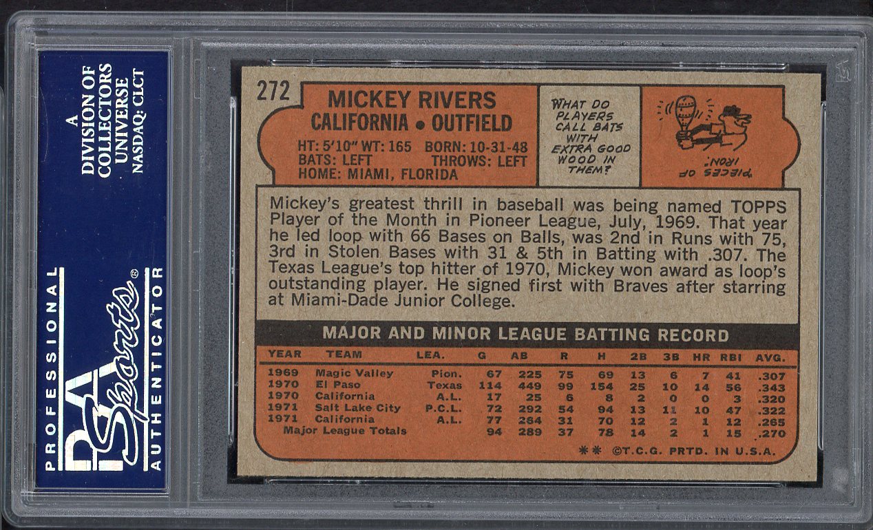 1972 Topps Baseball #272 Mickey Rivers Angels PSA 9 MINT 565071