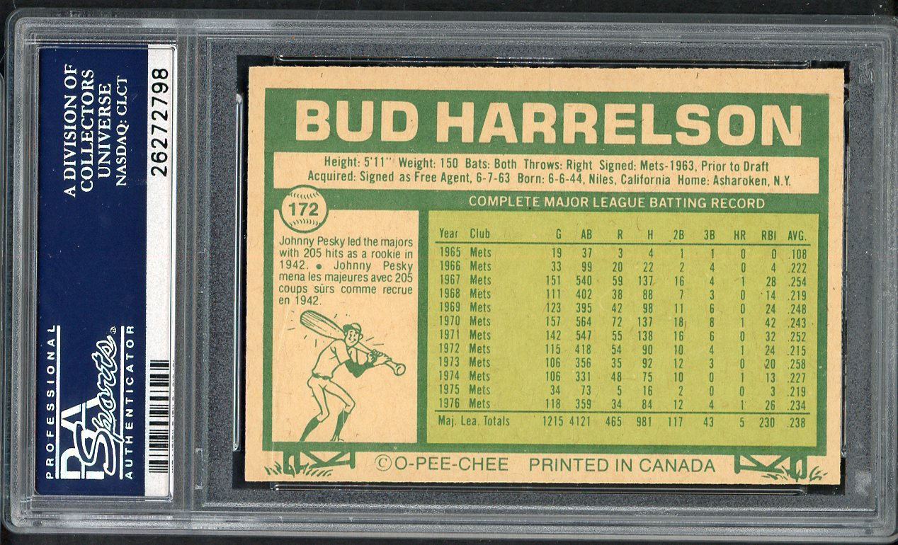 1977 O Pee Chee #172 Bud Harrelson Mets PSA 10 GEM MINT 565076