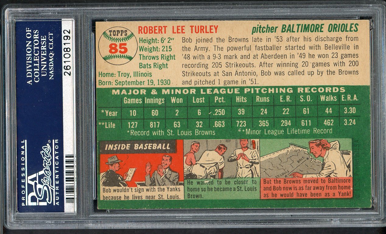 1954 Topps Baseball # 85 Bob Turley Orioles PSA 5 EX 565080