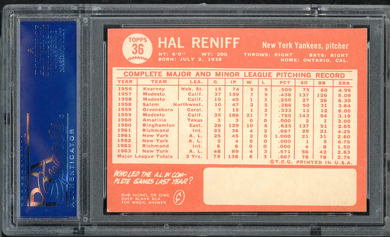 1964 Topps Baseball # 36 Hal Reniff Yankees PSA 7 NM 565099