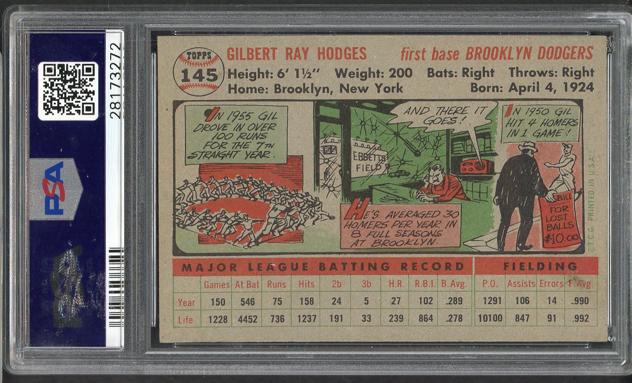 1956 Topps Baseball #145 Gil Hodges Dodgers PSA 5 EX Gray 565108