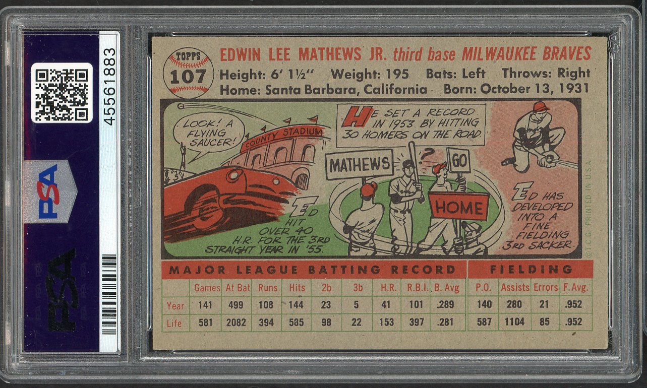 1956 Topps Baseball #107 Eddie Mathews Braves PSA 6 EX-MT Gray 565122