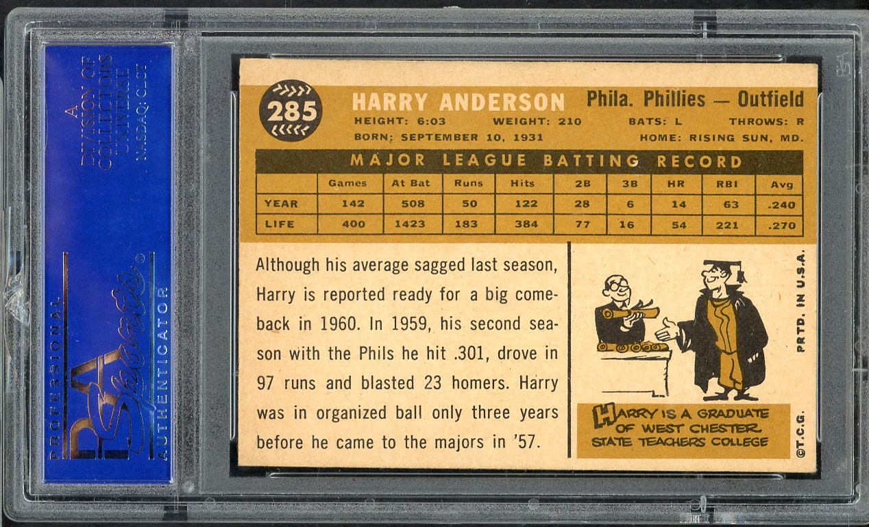 1960 Topps Baseball #285 Harry Anderson Phillies PSA 6 EX-MT 565135
