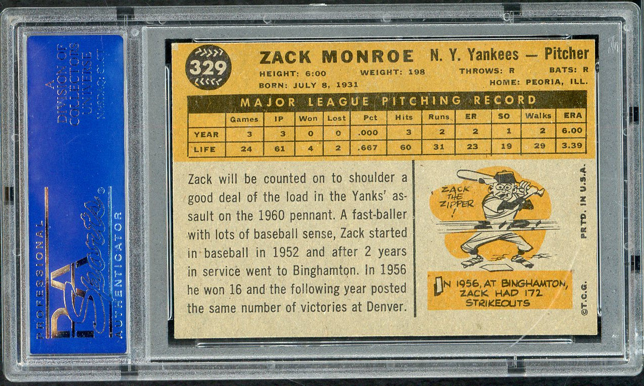 1960 Topps Baseball #329 Zack Monroe Yankees PSA 8 NM/MT 565162